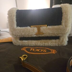 Tod's Blue and Cream Shearling Bag